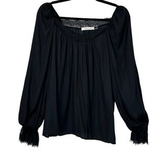 MUSTARD SEED Women’s ‎ Pheasant-Style Blouse Dark Navy Scoop Neck Lace Accents S